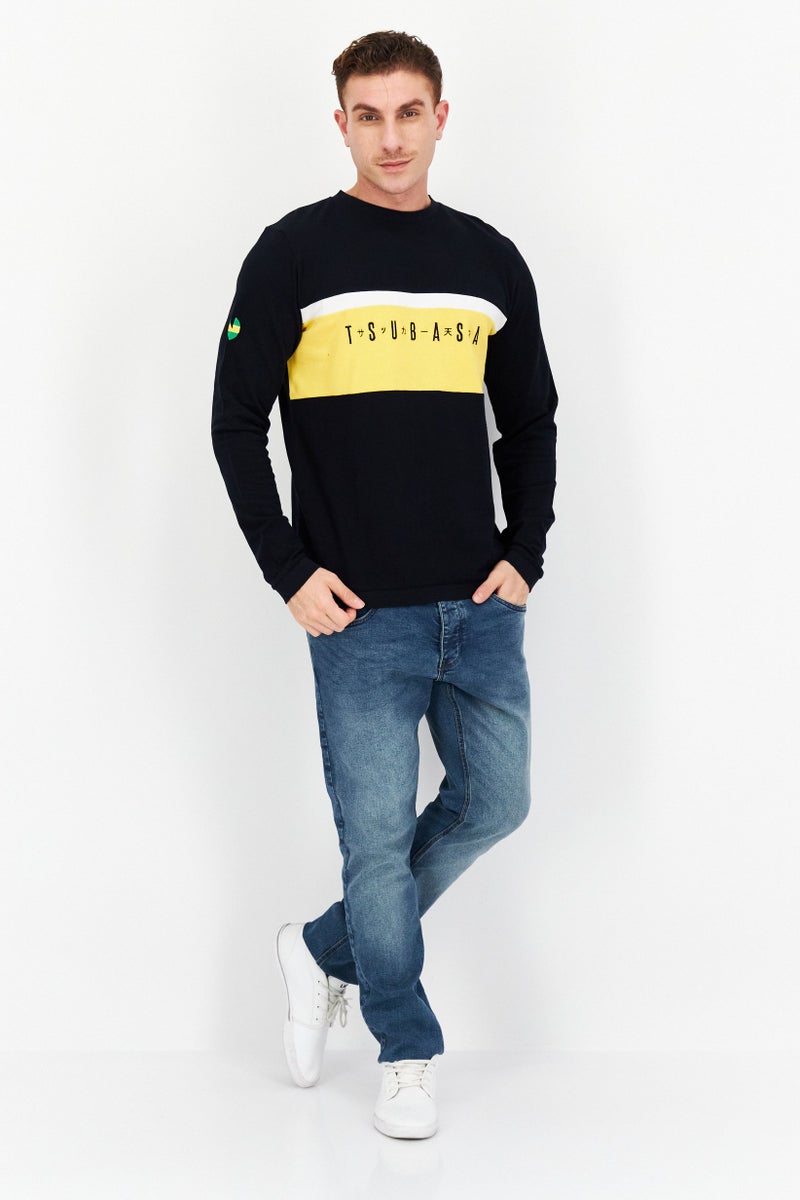 Men Crew Neck Embroidered Captain Tsubasa Sweatshirt, Black Combo
