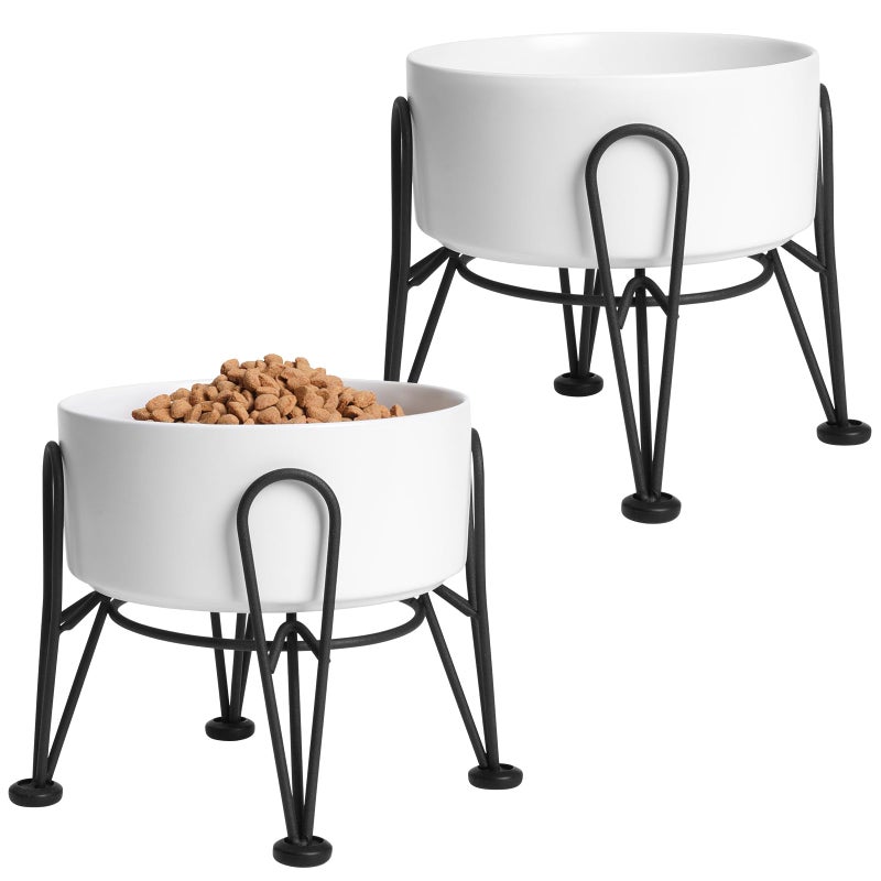 Kitwinney Elevated Dog Bowls, Ceramic Raised Dog Bowl Set with Anti-Slip and Non-Tip Metal Stand, 2 Pack Pet Food and Water Feeding Bowls for Small and Medium Dogs (White,3.6 Cups) - Image 1