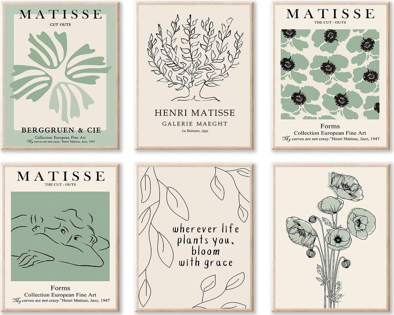 KBKBART Sage Green Matisse Wall Art Prints, Abstract Matisse Posters Green Wall Decor, Minimalist Flower Market Floral Wall Art Prints, Green Canvas Matisse Paintings Pictures for Aesthetic Room, Bedroom - Image 1