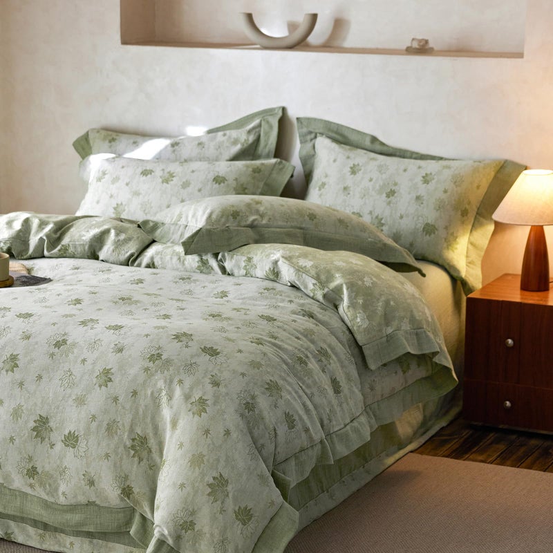 mixinni Yarn-Dyed Jacquard Duvet Cover King, Green Botanical Leaf Print 3-Piece Bedding Set with Wide Edge Piping, Soft Breathable Double Layer Gauze for All Seasons (1 Duvet Cover + 2 Pillowcases) - Image 2