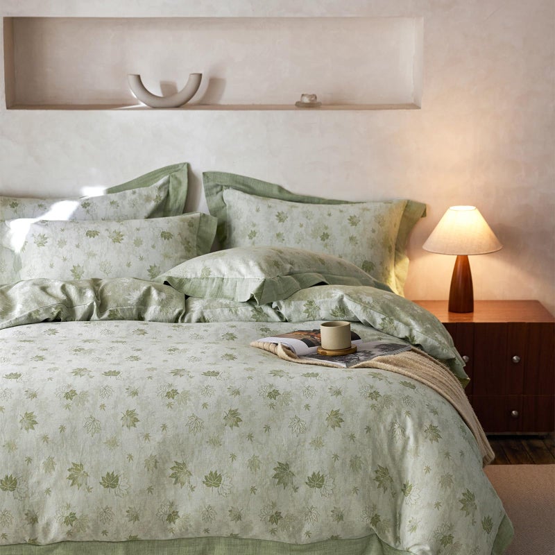 mixinni Yarn-Dyed Jacquard Duvet Cover King, Green Botanical Leaf Print 3-Piece Bedding Set with Wide Edge Piping, Soft Breathable Double Layer Gauze for All Seasons (1 Duvet Cover + 2 Pillowcases) - Image 1