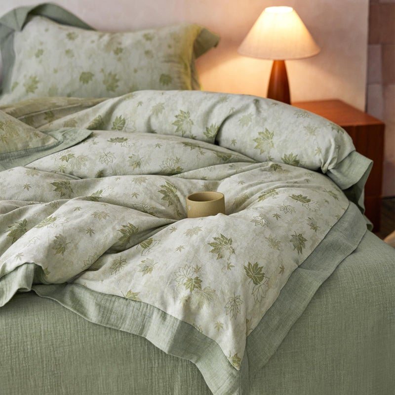 mixinni Yarn-Dyed Jacquard Duvet Cover King, Green Botanical Leaf Print 3-Piece Bedding Set with Wide Edge Piping, Soft Breathable Double Layer Gauze for All Seasons (1 Duvet Cover + 2 Pillowcases) - Image 3