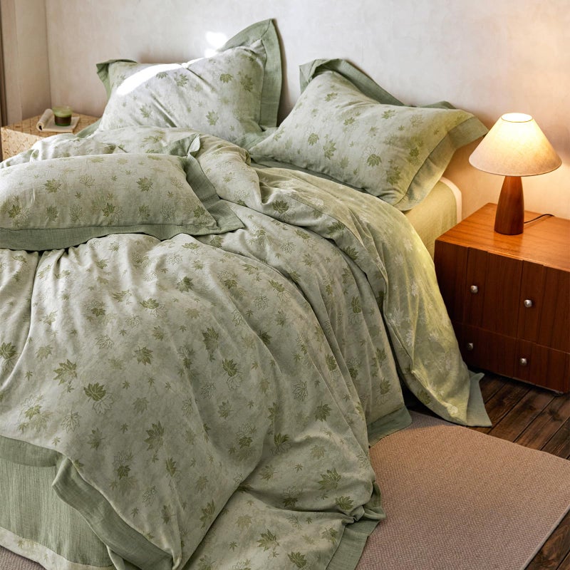 mixinni Yarn-Dyed Jacquard Duvet Cover King, Green Botanical Leaf Print 3-Piece Bedding Set with Wide Edge Piping, Soft Breathable Double Layer Gauze for All Seasons (1 Duvet Cover + 2 Pillowcases) - Image 4