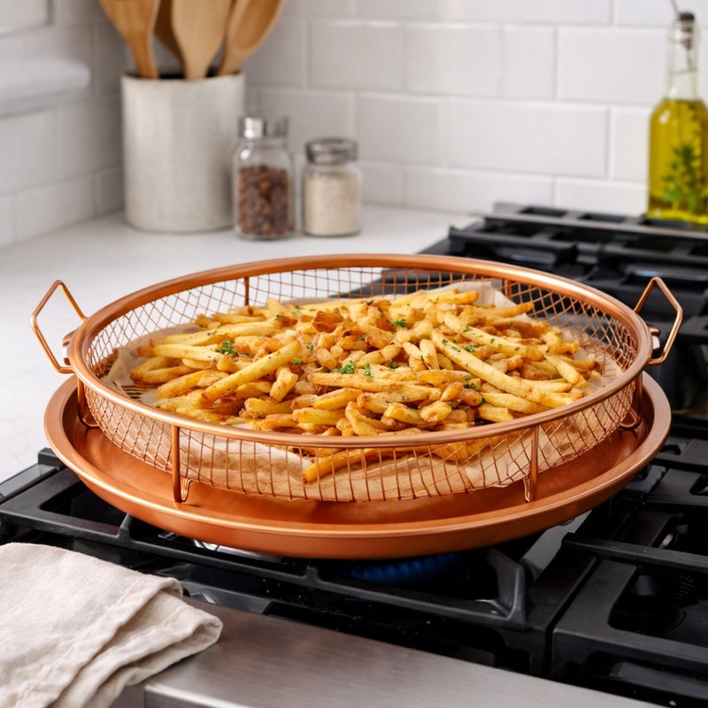 Stainless Steel Basket With Tray For Oven Non-stick For Air Fryer (Round) 2 Pieces - Copper - A1-57 - Image 3
