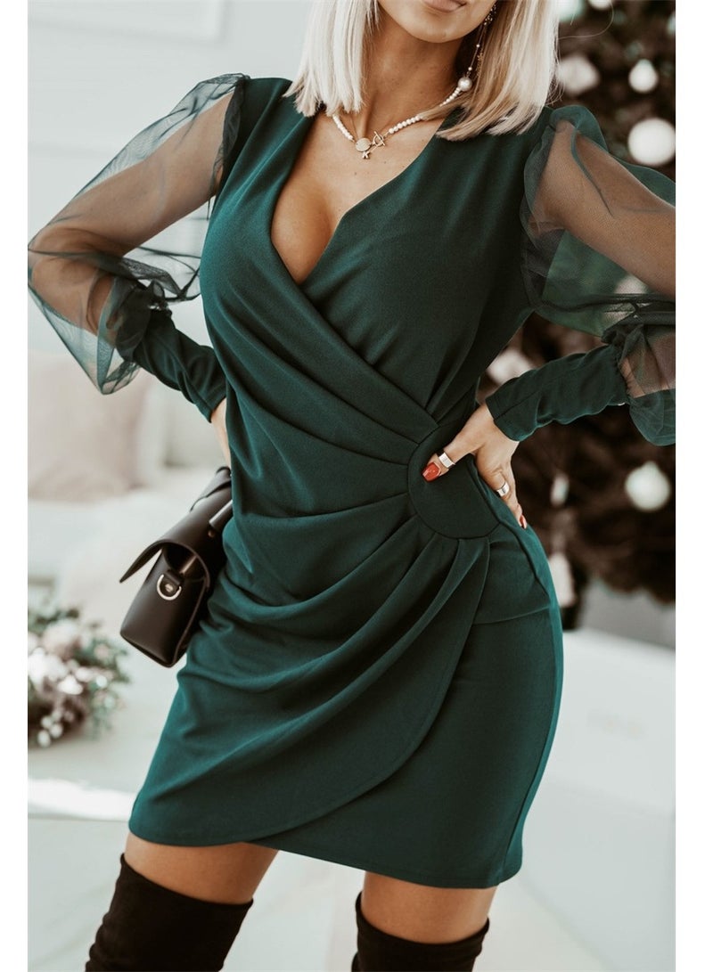 NIBEMINENT Elegant Dress Women's Plus Solid Contrast Mesh Ruched Long Sleeve Surplice Neck Wrap Split Hem Midi Mini Dress  - Image 2