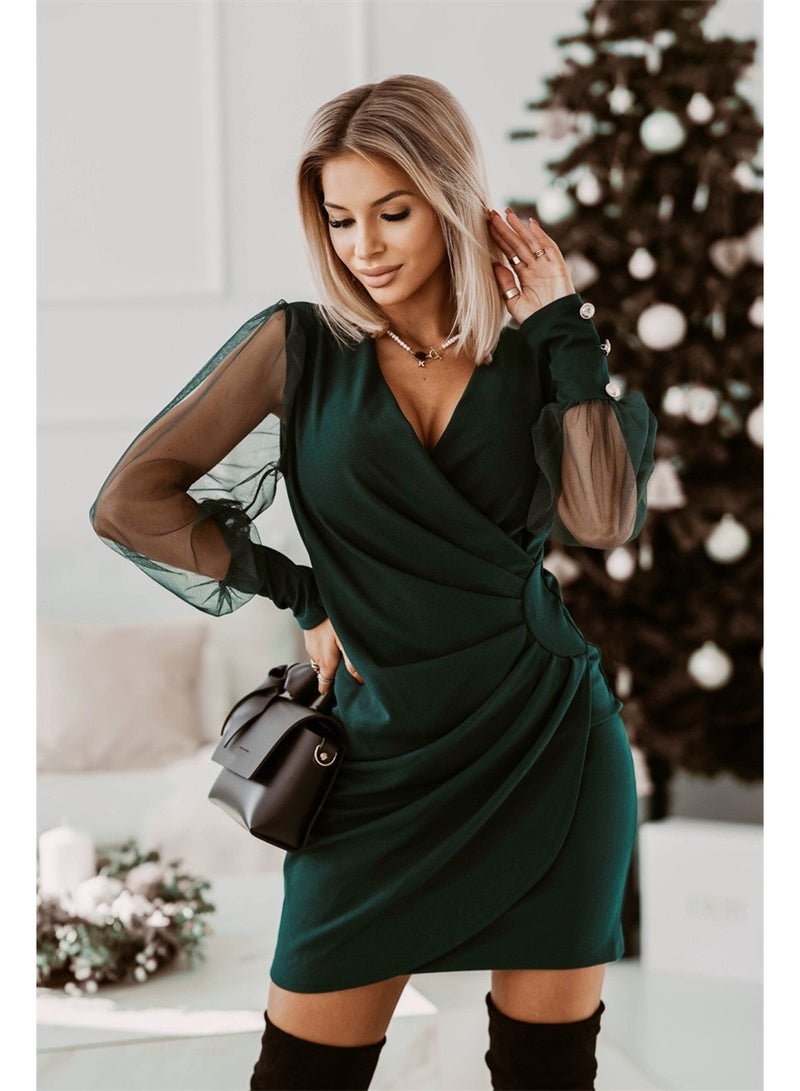 NIBEMINENT Elegant Dress Women's Plus Solid Contrast Mesh Ruched Long Sleeve Surplice Neck Wrap Split Hem Midi Mini Dress  - Image 1