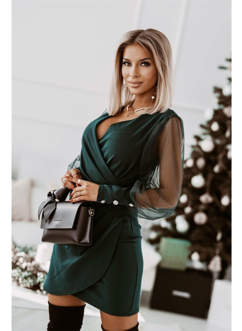 NIBEMINENT Elegant Dress Women's Plus Solid Contrast Mesh Ruched Long Sleeve Surplice Neck Wrap Split Hem Midi Mini Dress  - Image 4