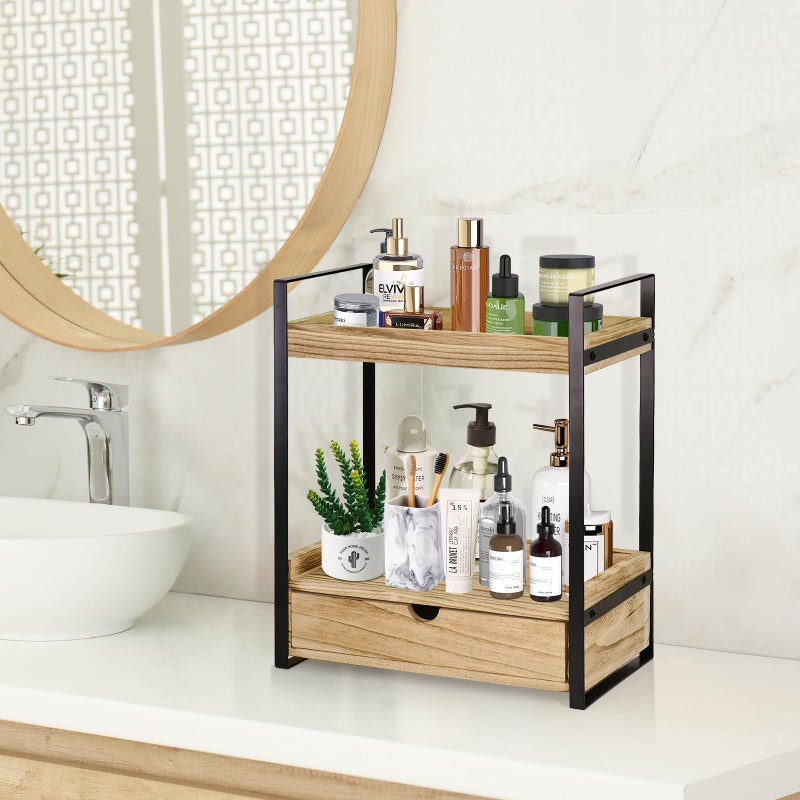 Ukonvi 2-Tier Bathroom Organizer Countertop with Drawer, Wood Counter Shelf for Storage, Vanity Tray for Organization and Decor, Countertop Organizer for Bathroom, Kitchen, Office (Brown) - Image 3