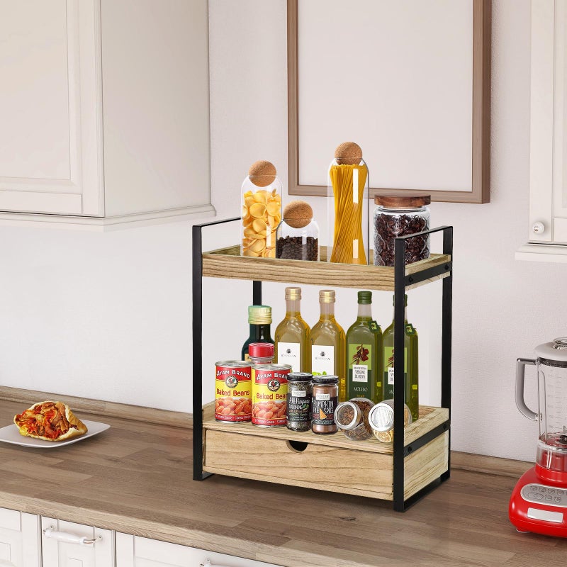 Ukonvi 2-Tier Bathroom Organizer Countertop with Drawer, Wood Counter Shelf for Storage, Vanity Tray for Organization and Decor, Countertop Organizer for Bathroom, Kitchen, Office (Brown) - Image 5