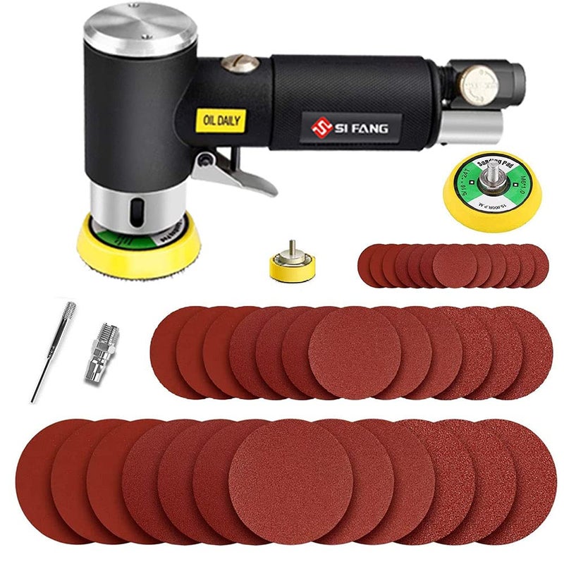SI FANG Mini Air Sander 1/2/3 Inch Pneumatic Small Orbital Sander for Auto Body Work, Mini Polisher with 45PCS Sanding Discs + 3PCS Backing Pads, Air Powered - Image 1