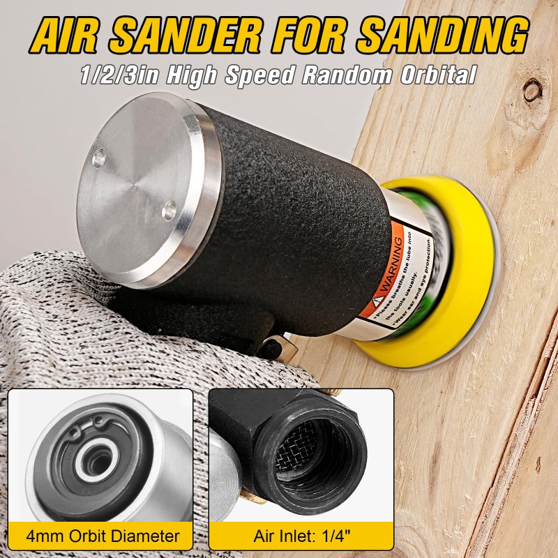 SI FANG Mini Air Sander 1/2/3 Inch Pneumatic Small Orbital Sander for Auto Body Work, Mini Polisher with 45PCS Sanding Discs + 3PCS Backing Pads, Air Powered - Image 4