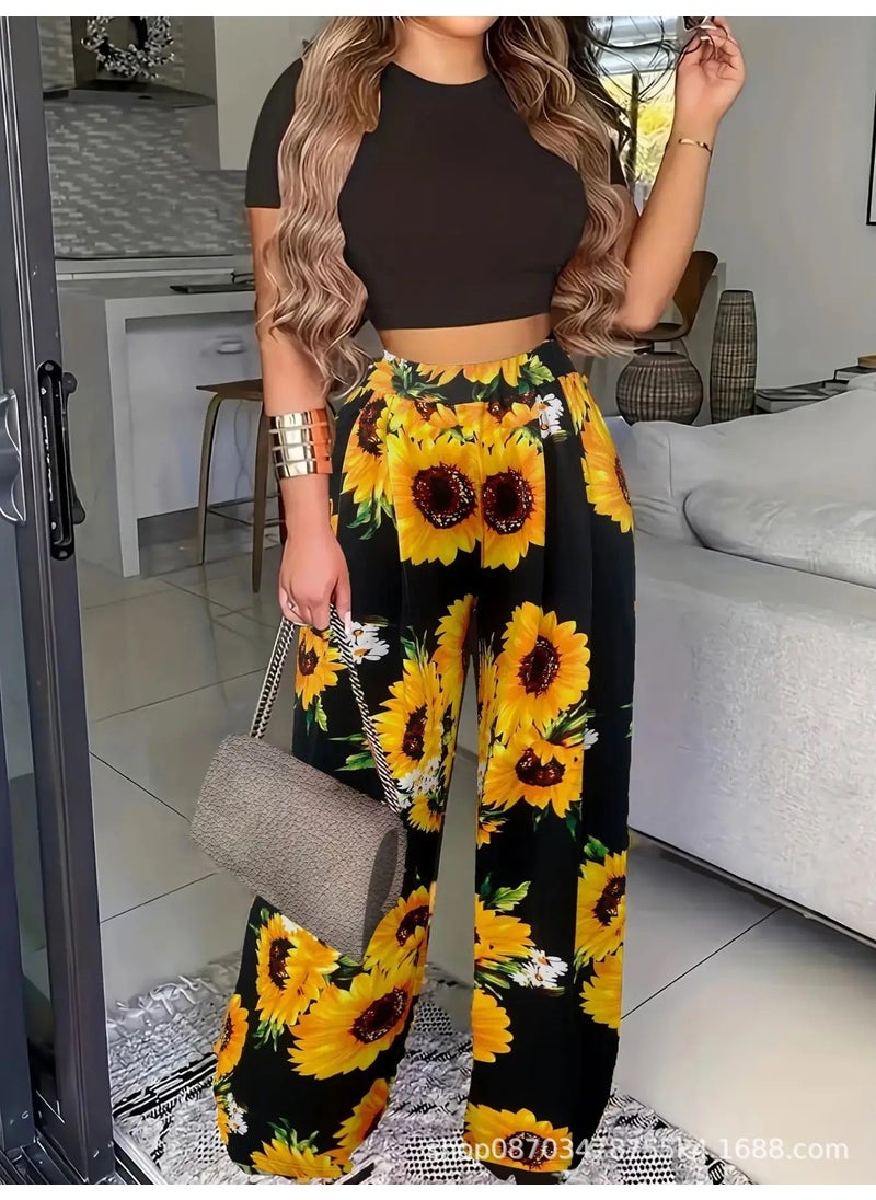 Generic Plus Size Fashionable Casual Trendy Printed T-Shirt Bell Bottom Suit Womens Cross-Border European American Style New 2024 Model Yellow  - Image 1