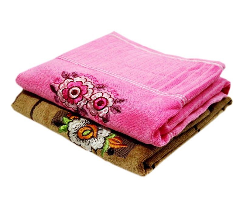 Space Fly Love Touch Attractive Embroidery, Good Look Cotton & Soft Bath Towels for Regular Use (Size : 27 X 56 Inch) (Pink & Brown) (Set of 2) - Image 3