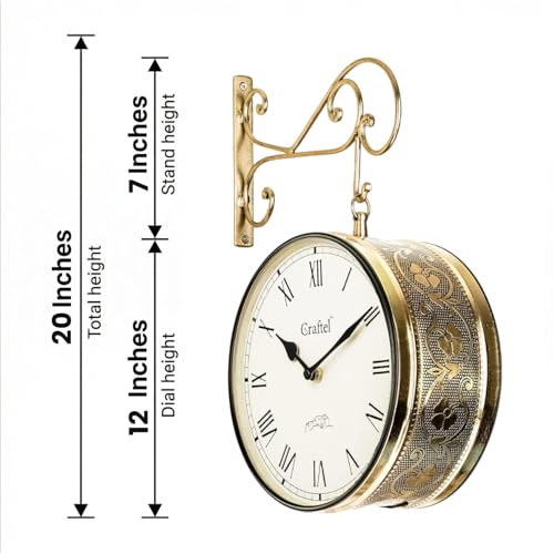 CRAFTEL Double Sided Station Wall Clock Multi-Layer Electroplated | Both Side Roman Numerals | Aluminum Matte-Finish Dial Brass Body | Dial - 12 Inches, Shiny Gold | 365 Days Warranty - Image 2