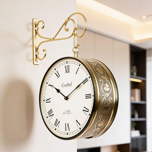CRAFTEL Double Sided Station Wall Clock Multi-Layer Electroplated | Both Side Roman Numerals | Aluminum Matte-Finish Dial Brass Body | Dial - 12 Inches, Shiny Gold | 365 Days Warranty - Image 1