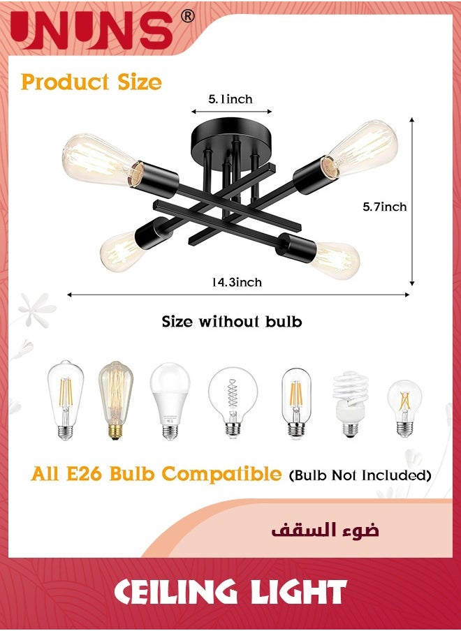 UNUNS - Ceiling Light Fixture,Modern Semi Flush Mount Chandelier Light Fixture Ceiling For Bedroom Kitchen Living Room Dining Room,E27,Matte Black - Image 1