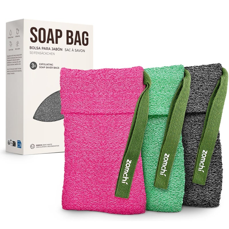 ZOMCHI 3 Pack Exfoliating Soap Bag, Body Scrubber Sponge, Soap Savers for Bar Soap, Soap Bar Pouch for Deep Exfoliation - Image 1