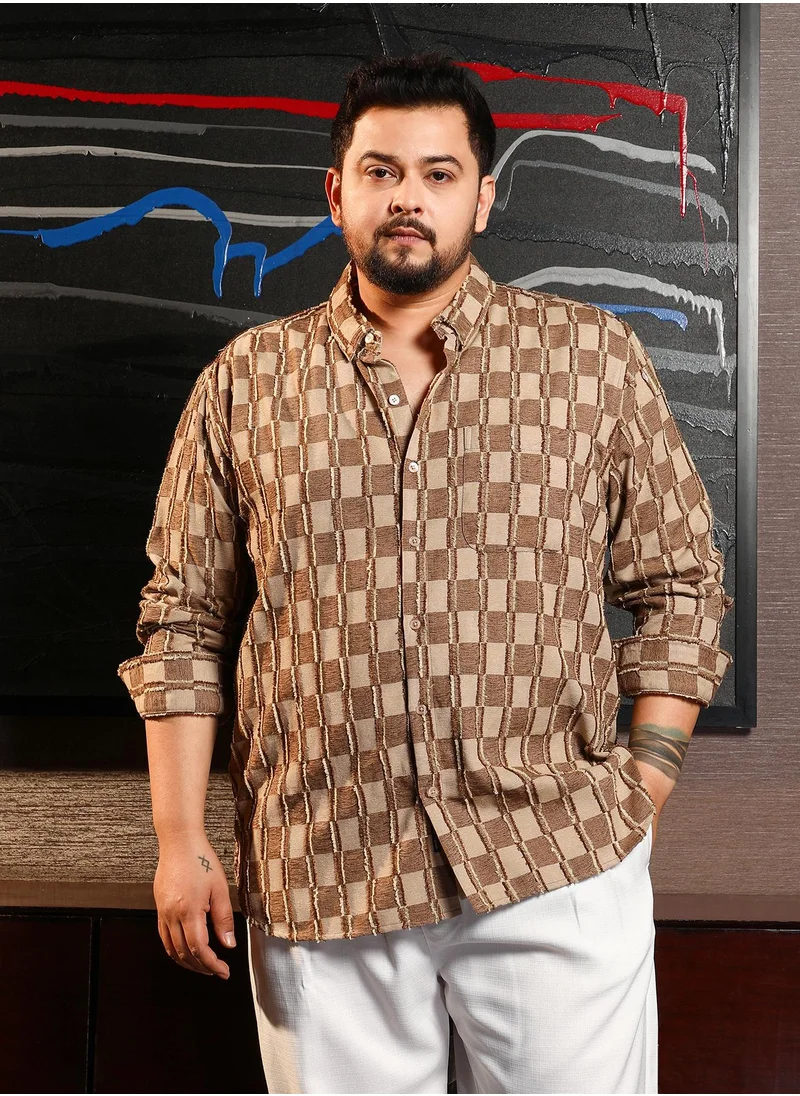 انستافاب بلس Instafab Plus Men's Mocha Brown & Ecru Beige Block-Edge Shirt For Casual Wear | Spread Collar | Long Cuffed Sleeves | Button Closure | Plus Size Shirt Crafted With Comfort Fit For Everyday Wear