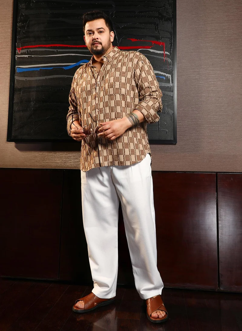 Instafab Plus Instafab Plus Men's Mocha Brown & Ecru Beige Block-Edge Shirt For Casual Wear | Spread Collar | Long Cuffed Sleeves | Button Closure | Plus Size Shirt Crafted With Comfort Fit For Everyday Wear