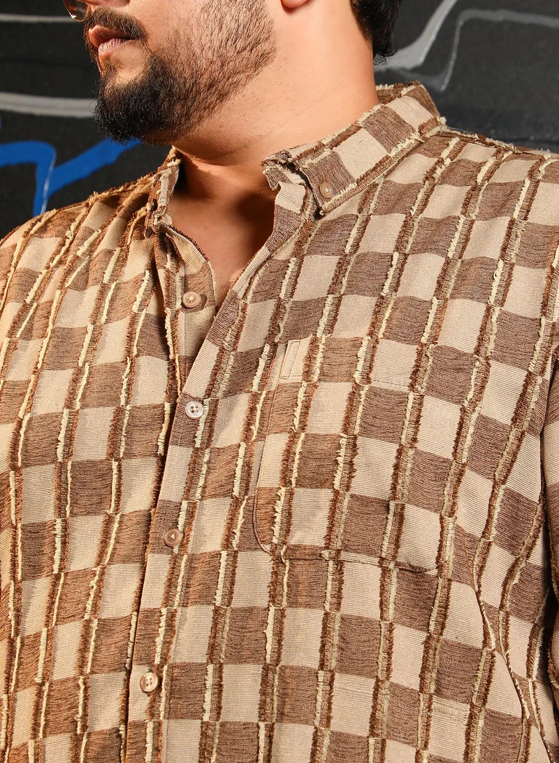 Instafab Plus Instafab Plus Men's Mocha Brown & Ecru Beige Block-Edge Shirt For Casual Wear | Spread Collar | Long Cuffed Sleeves | Button Closure | Plus Size Shirt Crafted With Comfort Fit For Everyday Wear