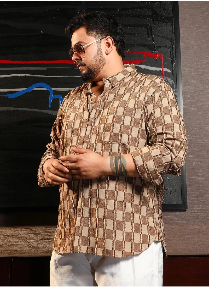 انستافاب بلس Instafab Plus Men's Mocha Brown & Ecru Beige Block-Edge Shirt For Casual Wear | Spread Collar | Long Cuffed Sleeves | Button Closure | Plus Size Shirt Crafted With Comfort Fit For Everyday Wear