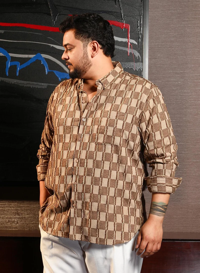 Instafab Plus Instafab Plus Men's Mocha Brown & Ecru Beige Block-Edge Shirt For Casual Wear | Spread Collar | Long Cuffed Sleeves | Button Closure | Plus Size Shirt Crafted With Comfort Fit For Everyday Wear