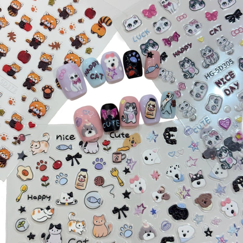 SIMAYKUWA Cute Style Japanese Inspired Embossed Cute Dogs Adorable Cats Tanuki DIY Nail Stickers - Everyday Nail Art Decorations A Set of 4 Sheets - Image 1
