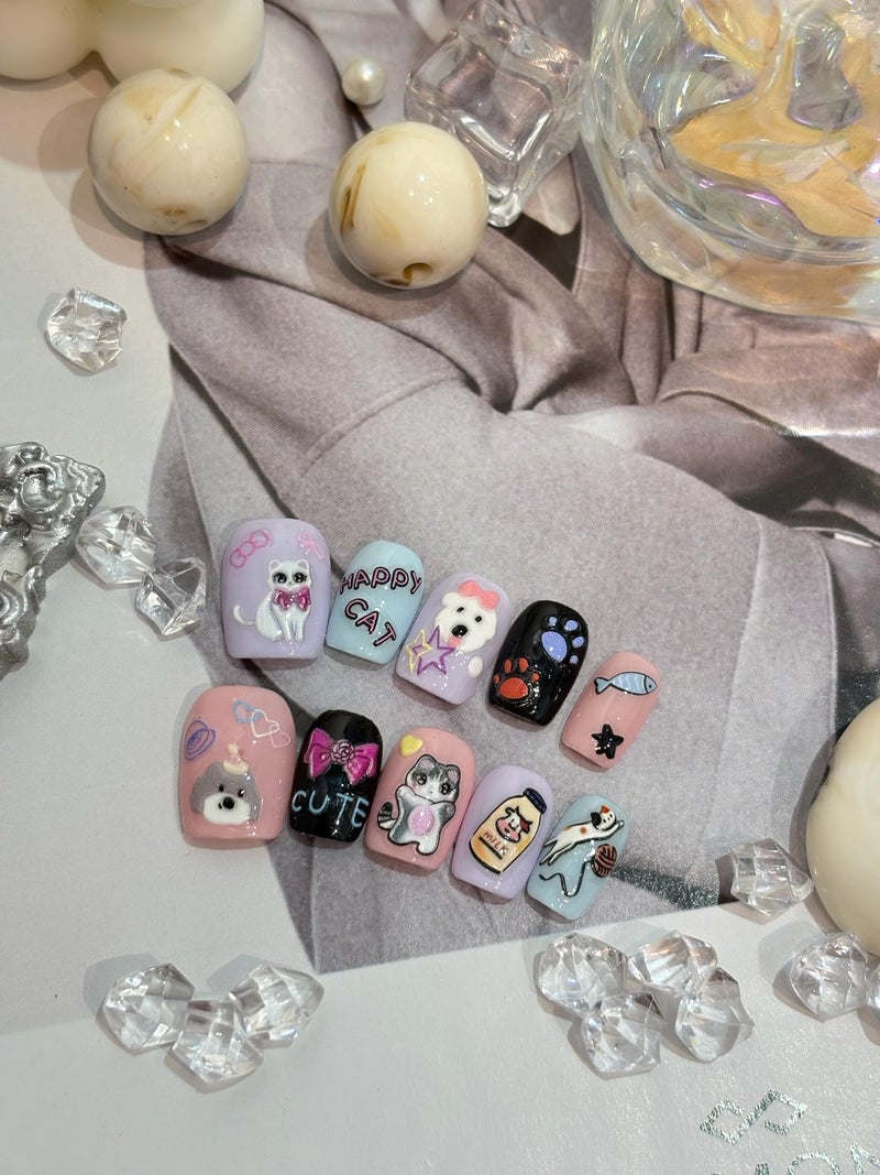 SIMAYKUWA Cute Style Japanese Inspired Embossed Cute Dogs Adorable Cats Tanuki DIY Nail Stickers - Everyday Nail Art Decorations A Set of 4 Sheets - Image 3