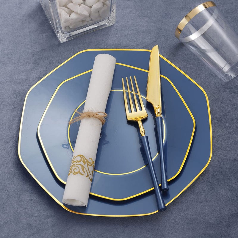 KIRE 140Pcs Blue Plastic Plates with Gold Rim for Passover - Gold Disposable Plastic Silverware with Blue Handle&Clear Cups&Hand Napkin - Geometric Party Plates for Holiday/Party/Passover/Graduation - Image 3