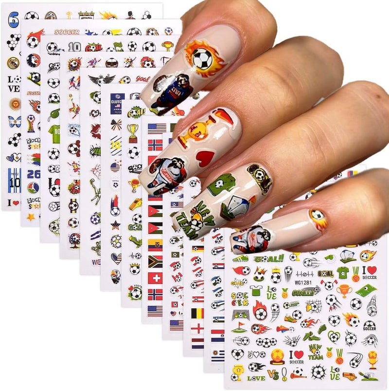 World Cup Nail Stickers Colorful Soccer Football Sports Nail Decals 5D Embossed Waterproof Nail Designs Competition Nails Supplies Self-Adhesive Nails Stickers Decals for Women DIY Manicure 12Sheets