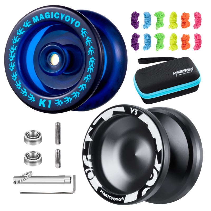 MAGICYOYO Responsive Yoyos for Kids Beginners, Pro Yoyo 2 Pack, Dual Funtion Metal Yo yo V3 + Plastic Yo-yos K1 Plus with 12 Yo yo Strings, 2 Holes Yoyos Case, Yo-Yo Accessory Kit (V3 Black + K1 Blue) - Image 1