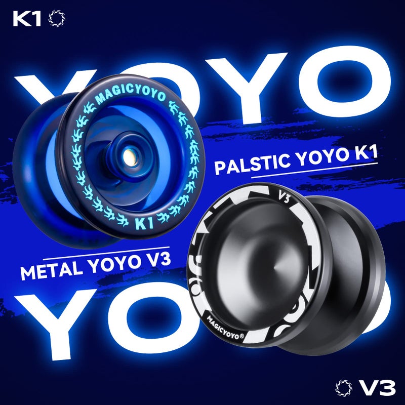 MAGICYOYO Responsive Yoyos for Kids Beginners, Pro Yoyo 2 Pack, Dual Funtion Metal Yo yo V3 + Plastic Yo-yos K1 Plus with 12 Yo yo Strings, 2 Holes Yoyos Case, Yo-Yo Accessory Kit (V3 Black + K1 Blue) - Image 2