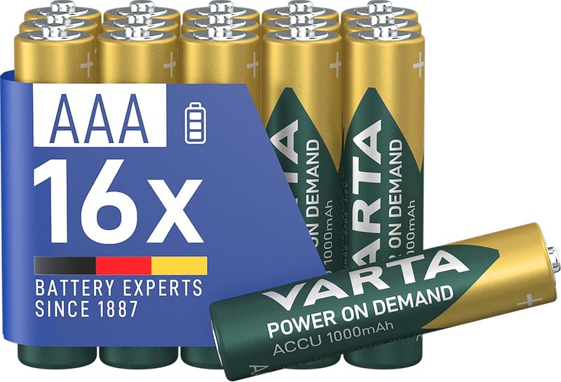 فارتا بطارية Power on Demand القابلة لإعادة الشحن، جاهزة للاستخدام، مشحونة مسبقًا، AAA Micro 1000 مللي أمبير/ساعة، من نوع Ni-Mh، قابلة لإعادة الشحن بدون تأثير الذاكرة، جاهزة للاستخدام، عبوة من 16 قطعة. - Image 1