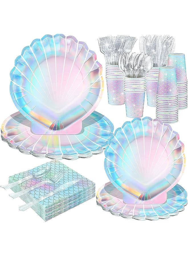 Raxoom 144 PCS Mermaid Party Supplies Set,Kids Birthday Party Tableware Mermaids Party Decor with Plate Napkin/Cup/Plate/Fork Etc,Birthday/Wedding Party Set Ocean-Themed Disposable Dinnerware Set - Image 1