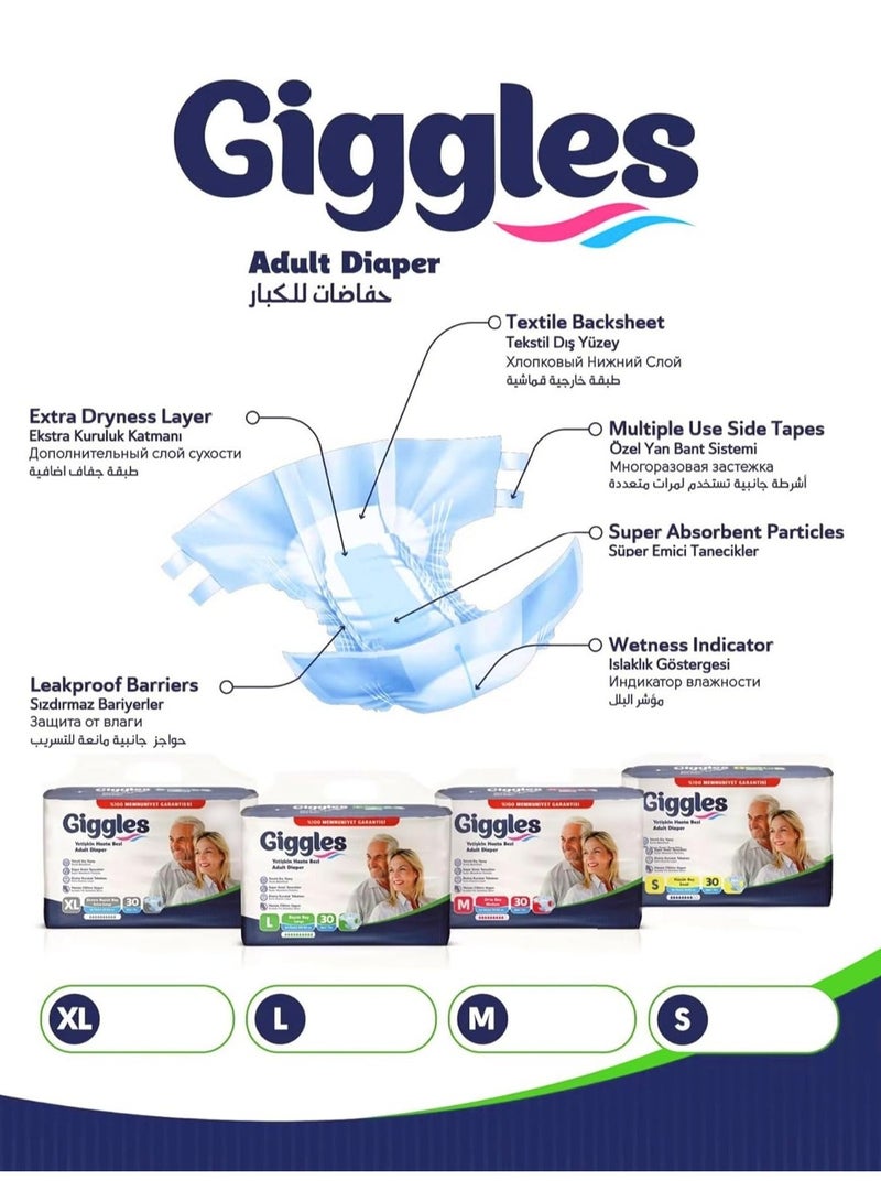 Giggles Adult Diaper Turkish Made Diaper with Extra Dryness Layer and Wetness Indicator XL Size (2Pack X 30 Count) - Image 4