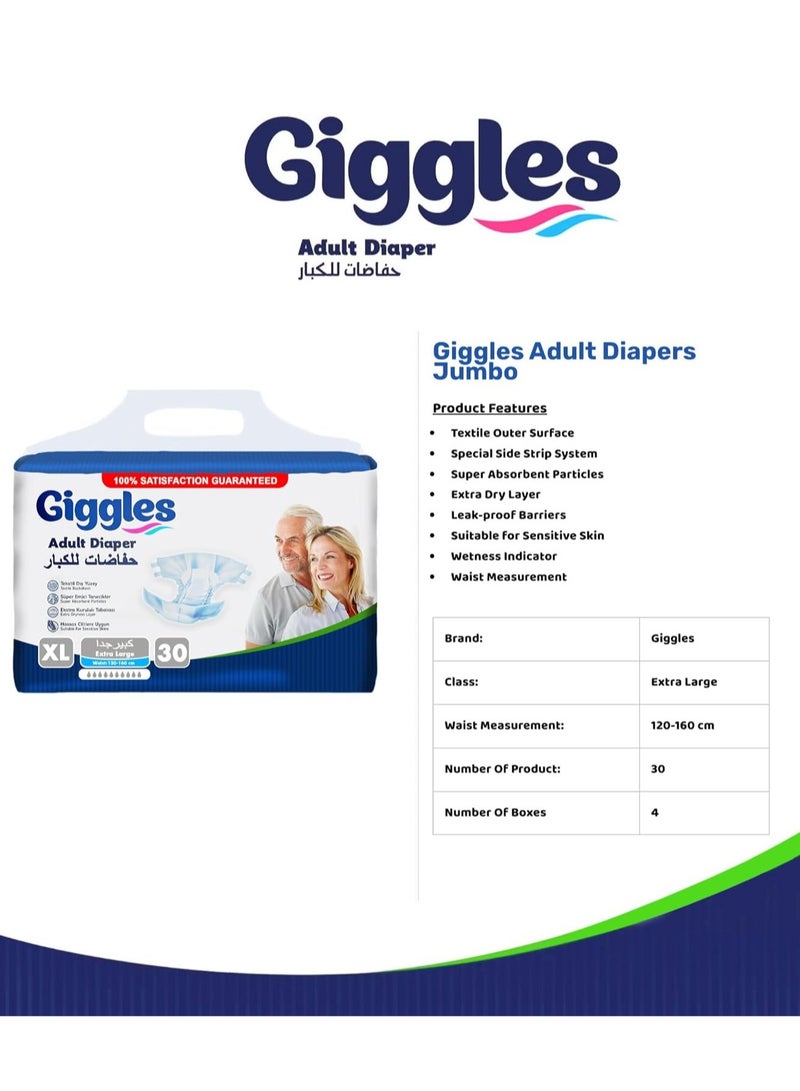 Giggles Adult Diaper Turkish Made Diaper with Extra Dryness Layer and Wetness Indicator XL Size (2Pack X 30 Count) - Image 3
