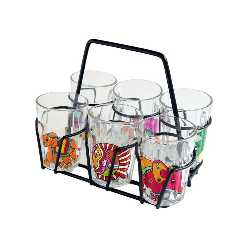 TOPSYTURVY Hand Crafted & Hand Designed Tapri Tea and Coffee Style Glass with Iron Stand (Set of 6, 90ml Each) | Colourful Design Tapri Style Kulhad Cups | Cutting Chai Glasses Set - Image 1