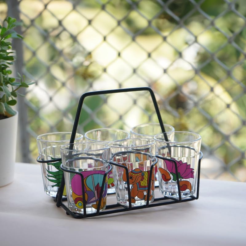 TOPSYTURVY Hand Crafted & Hand Designed Tapri Tea and Coffee Style Glass with Iron Stand (Set of 6, 90ml Each) | Colourful Design Tapri Style Kulhad Cups | Cutting Chai Glasses Set - Image 3