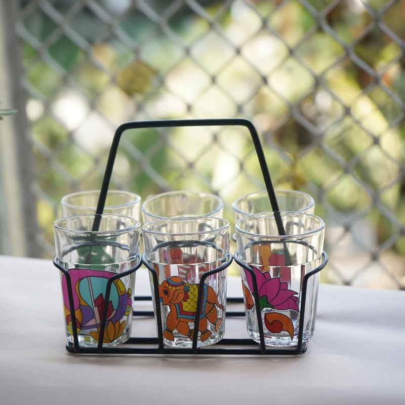 TOPSYTURVY Hand Crafted & Hand Designed Tapri Tea and Coffee Style Glass with Iron Stand (Set of 6, 90ml Each) | Colourful Design Tapri Style Kulhad Cups | Cutting Chai Glasses Set - Image 2
