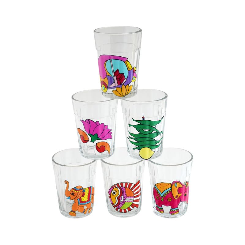 TOPSYTURVY Hand Crafted & Hand Designed Tapri Tea and Coffee Style Glass with Iron Stand (Set of 6, 90ml Each) | Colourful Design Tapri Style Kulhad Cups | Cutting Chai Glasses Set - Image 4