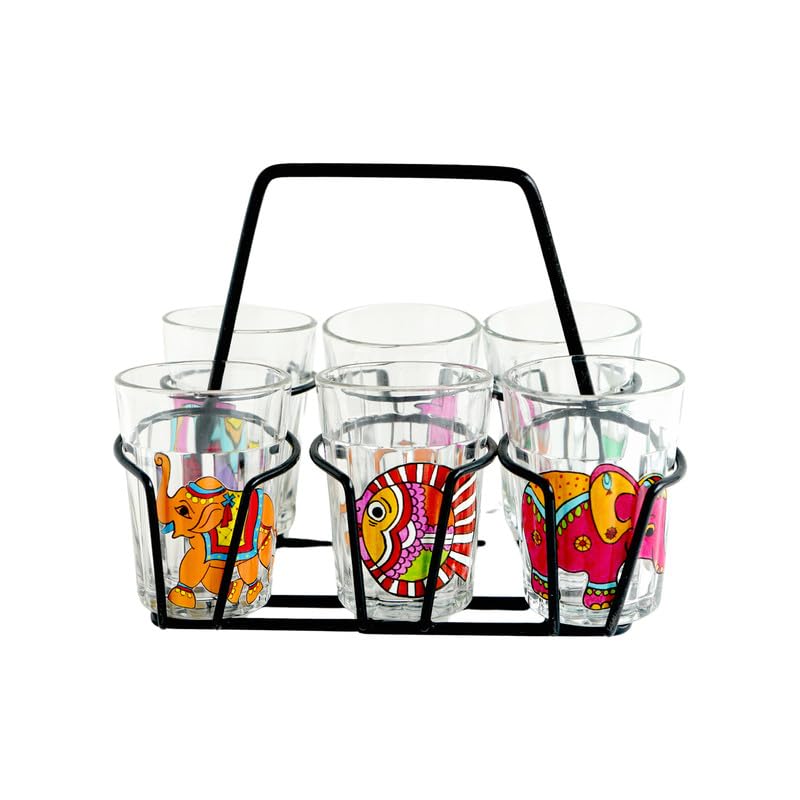 TOPSYTURVY Hand Crafted & Hand Designed Tapri Tea and Coffee Style Glass with Iron Stand (Set of 6, 90ml Each) | Colourful Design Tapri Style Kulhad Cups | Cutting Chai Glasses Set - Image 5