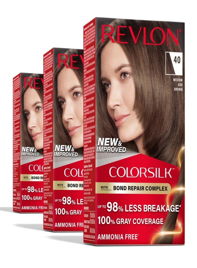 Revlon ريفلون كولور سيلك مع مركب إصلاح الروابط، لون شعر بني دائم، تغطية 100% للشيب، صبغة شعر خالية من الأمونيا، كيراتين نباتي، 40 بني رمادي متوسط (عبوة من 3) - Image 1