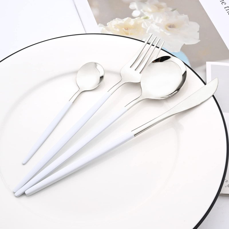 Snplowum Mirror Cutlery Serving Set, 24-piece 18/0 Stainless Steel Silverware With White Handle Simple & Modern Tableware For Home Party Restaurant Christmas Dinner, Service For 6 (White Silver) - Image 2