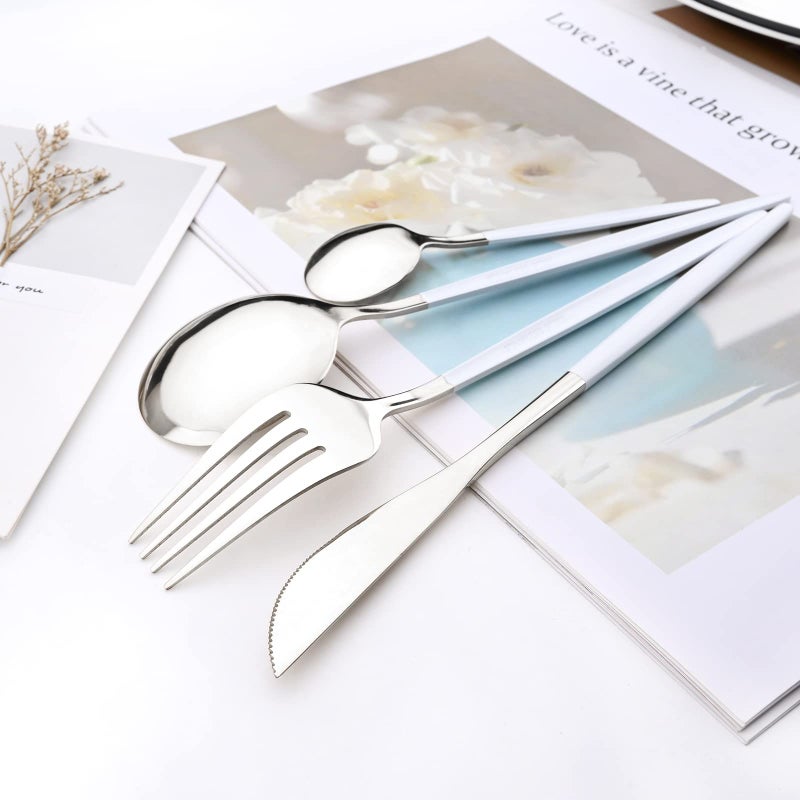 Snplowum Mirror Cutlery Serving Set, 24-piece 18/0 Stainless Steel Silverware With White Handle Simple & Modern Tableware For Home Party Restaurant Christmas Dinner, Service For 6 (White Silver) - Image 3