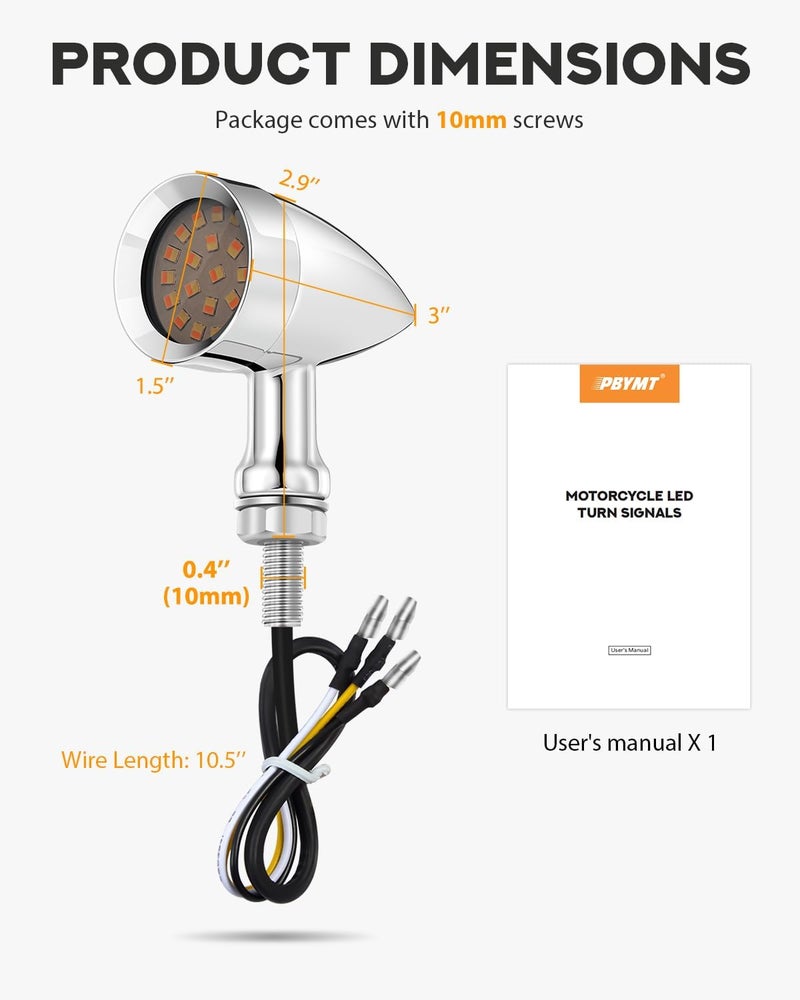 PBYMT Motorcycle Front turn Signals LED, 24 LED Motorcycle Bullet Blinkers Chrome Amber Lights Compatible with Harley Honda Kawasaki Suzuki Triumph Yamaha - Image 4