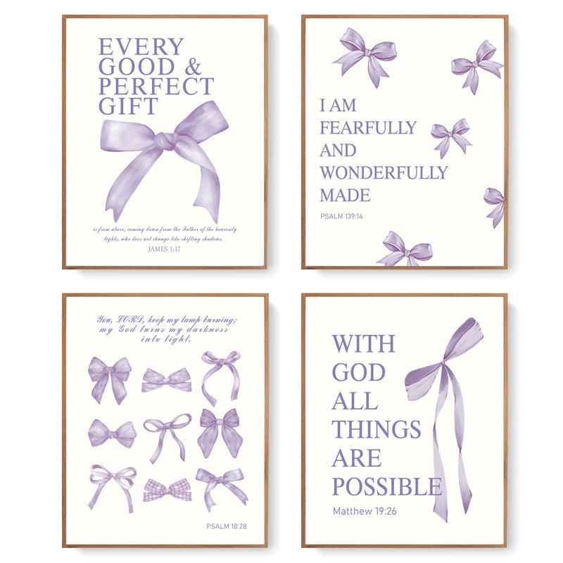 LARTSFRO Coquette Purple Bow Christian Wall Art Decor Posters, Purple Bow Room Bedroom Bathroom Dorm Wall Art Decor Aesthetic for College Teen Girls Gifts, Inspirational Bible Verses Bow Wall Decor, 10x8 Inch Set of 4 Pcs Bow Pictures (UNFRAMED) - Image 1