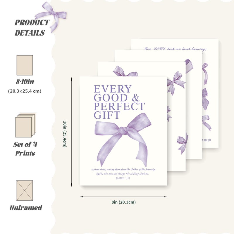 LARTSFRO Coquette Purple Bow Christian Wall Art Decor Posters, Purple Bow Room Bedroom Bathroom Dorm Wall Art Decor Aesthetic for College Teen Girls Gifts, Inspirational Bible Verses Bow Wall Decor, 10x8 Inch Set of 4 Pcs Bow Pictures (UNFRAMED) - Image 2