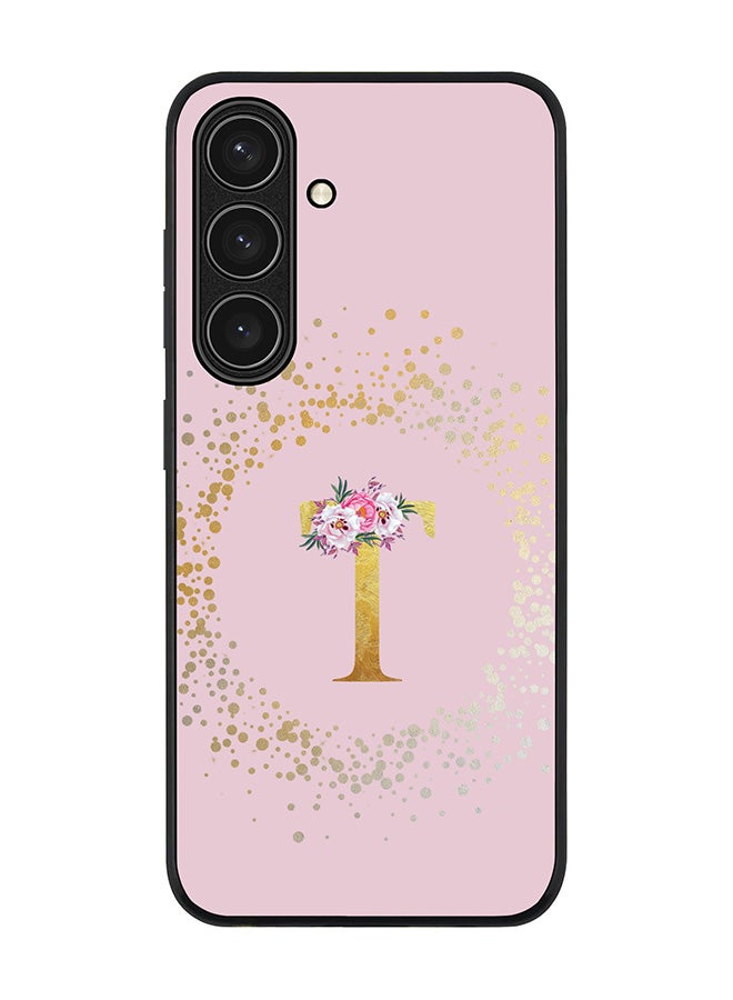 Stylizedd Rugged Black edge case for Samsung Galaxy S24 FE, Slim fit Case Flexible Cover - Custom Monogram Initial Letter Floral Pattern Alphabet - T (Pink ) - Image 1