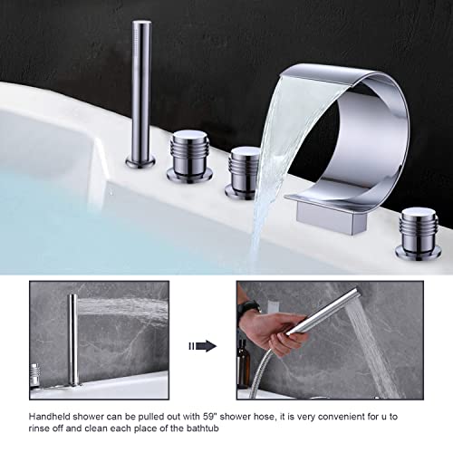 AZOS Waterfall Bathtub Faucet Set with Hand Shower Widespread Roman Tub Faucet Set 5 Hole Tub Filler Faucet Deck Mounted Roman Bathtub Faucet with Sprayer, Chrome - Image 3