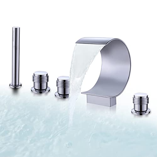 AZOS Waterfall Bathtub Faucet Set with Hand Shower Widespread Roman Tub Faucet Set 5 Hole Tub Filler Faucet Deck Mounted Roman Bathtub Faucet with Sprayer, Chrome - Image 1